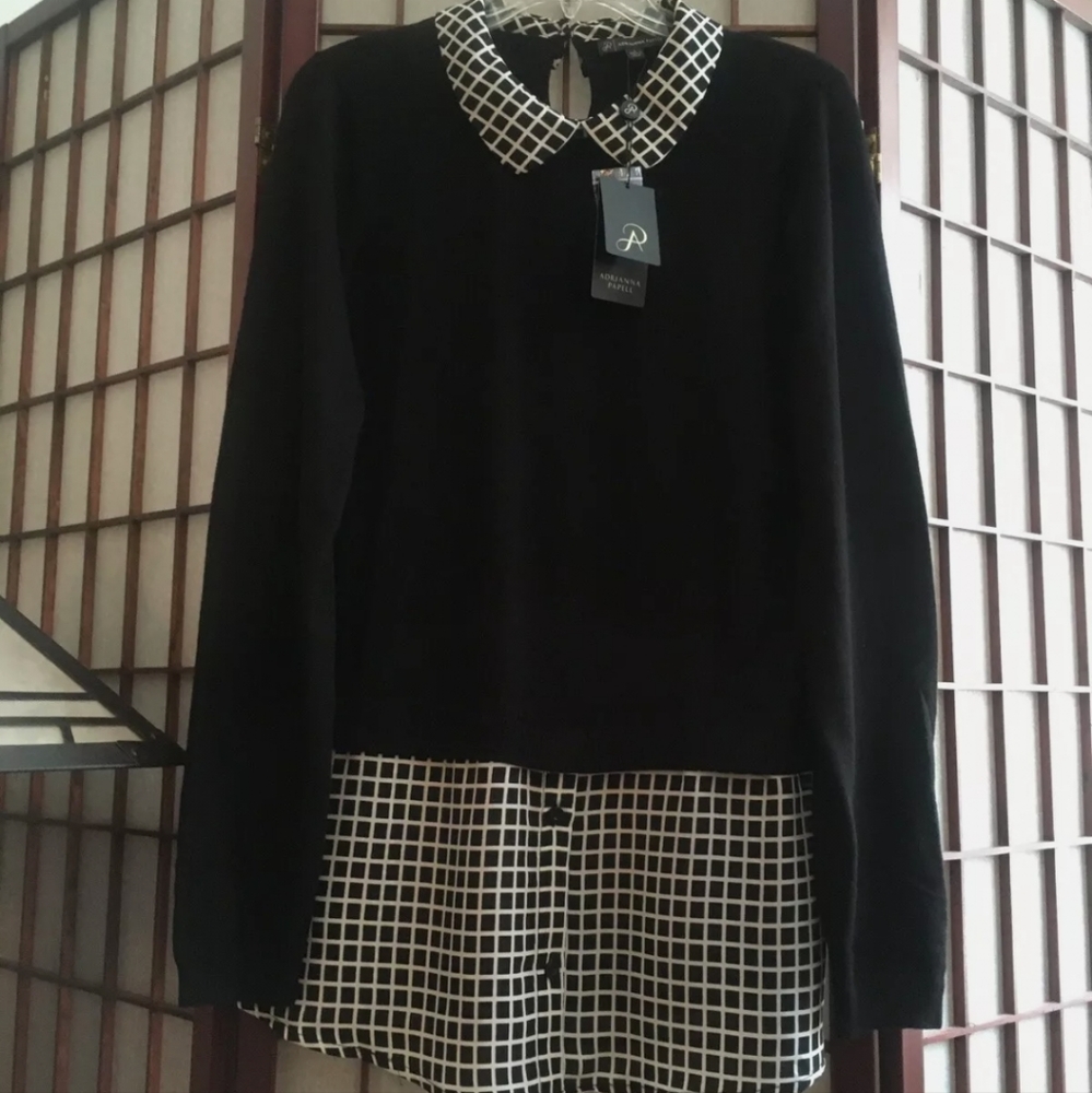 ADRIANNA PAPELL Womens Size Large Twofer Knit Tunic Top Peter Pan Collar $89